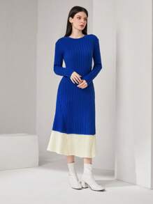 Seusyu Của phụ nữ Màu tương phản Sọc Đầm Áo len - Xanh và trắng - Xem 1