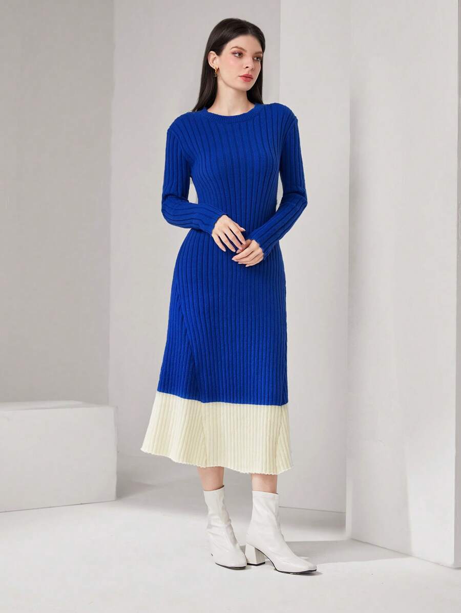 Seusyu Của phụ nữ Màu tương phản Sọc Đầm Áo len - Xanh và trắng - Xem 1