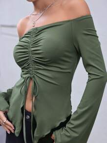 SHEIN Essnce Drawstring Detail Asymmetric Hem Off Shoulder T-shirt - Army Green - View 3