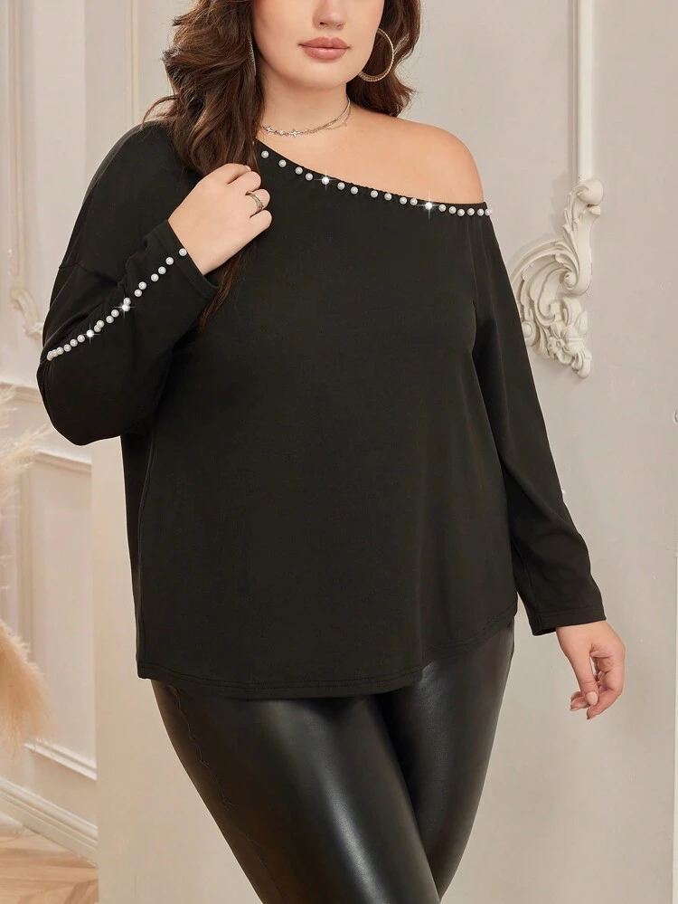 Plus Size Asymmetrical Shoulder Beaded Long Sleeve T-Shirt