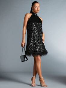 SHEIN BAE Của phụ nữ Frayed Hem Lấp lánh Halter Neck Đầm - màu đen - Xem 3