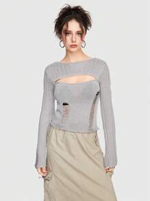 ROMWE Grunge Punk Thời gian rảnh rỗi Gợi cảm Thiết kế rỗng Đau khổ 2 trong1 Chặt Co giãn Của phụ nữ Áo len - Xám - Xem 1