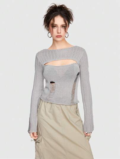 Grunge Punk Loisirs Sexy Conception De Découpes Évidées En Détresse 2 En 1 Pull Pour Femmes Extensible Moulant