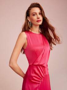 MOTF PREMIUM WOVEN WOMEN'S SOLID COLOR FOLD PLEATED DRESS,VALENTINE'S DAY OUTFIT - Hot Pink - View 3
