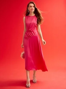 MOTF PREMIUM WOVEN WOMEN'S SOLID COLOR FOLD PLEATED DRESS,VALENTINE'S DAY OUTFIT - Hot Pink - View 5