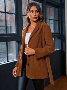 Aveloria 女士純色單排釦裝束腰西裝外套 - 棕色 - 查看 3