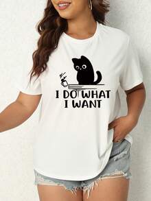 SHEIN LUNE 女大尺碼貓和字母印花短袖 T 卹 - 白色 - 查看 3