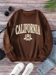 SHEIN EZwear Women'S Letter Printed Fleece Sweatshirt - Coffee Brown - View 1