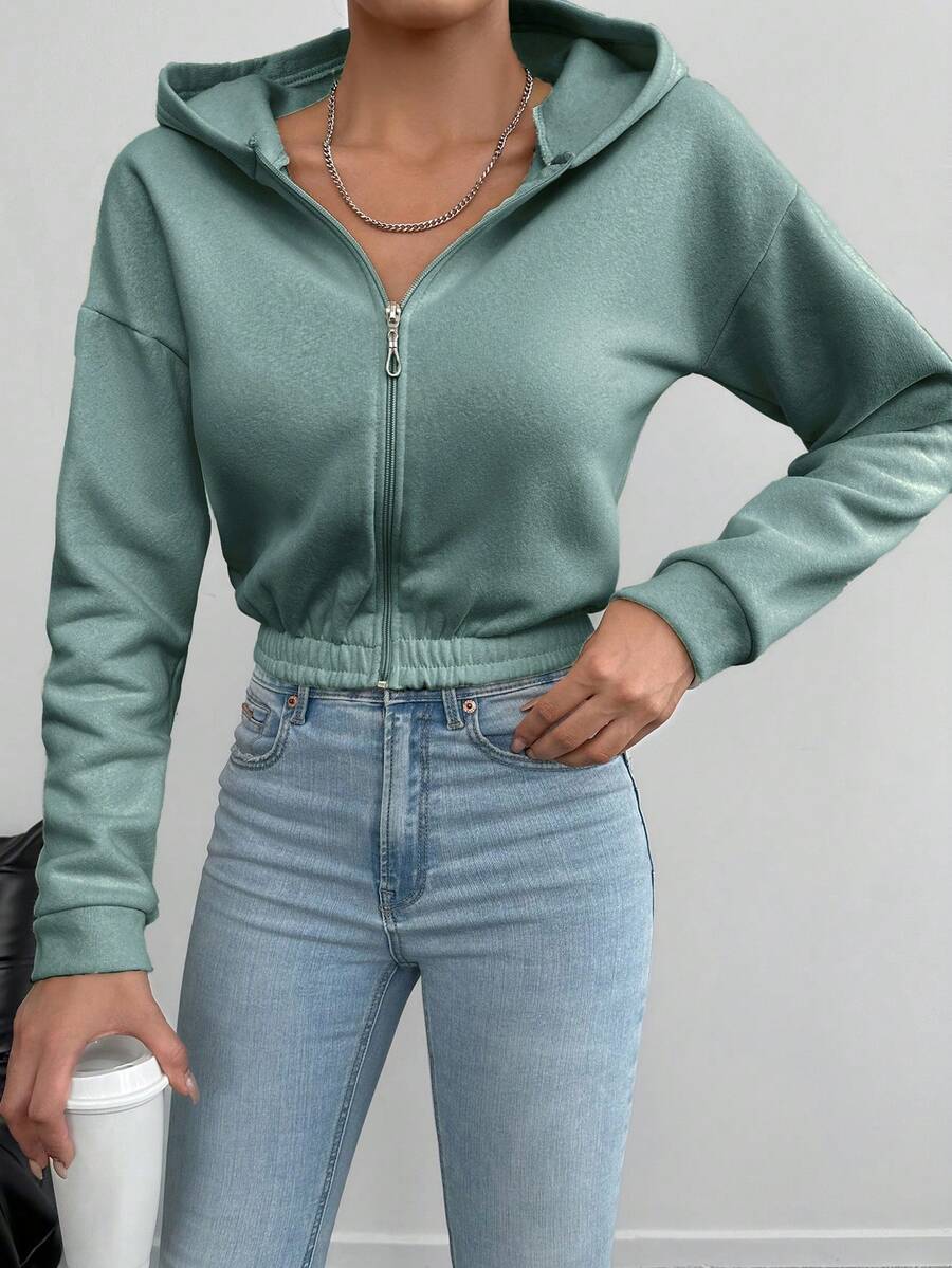 Cottnline Của phụ nữ Dây kéo mặt trước Thả vai Áo nỉ có mũ - Màu xanh Bạc hà - Xem 1