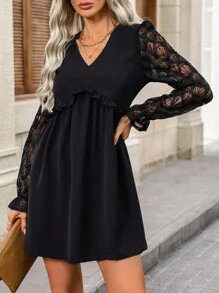 SHEIN Frenchy Women's V-Neck Lace Splice Ruffle Trim Decorated Bodycon Dress Winter Elegant Black Evening Dress - Black - View 3