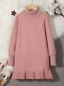 SHEIN 女童大童純色高領毛衣連身裙 - 粉色 - 查看 1