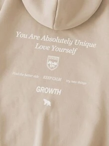 SHEIN EZwear Áo nỉ có mũ Với Mẫu , Giải trí Phong cách - Màu Khaki - Xem 4