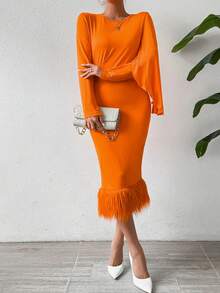 SHEIN Privé 女款純色圓領長袖拼縫開衩連身裙 - 亮橙色 - 查看 6