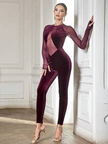 長袖網布插入性感天鵝絨連身連身褲 - 酒紅色 - 查看 6