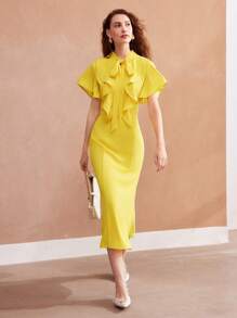 MOTF PREMIUM 女款編織領帶荷葉邊連衣裙 - 黃色 - 查看 4