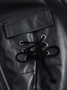 ROMWE PUNK Coa dây Túi có nắp Zip Không nút Áo khoác - Xám - Xem 4