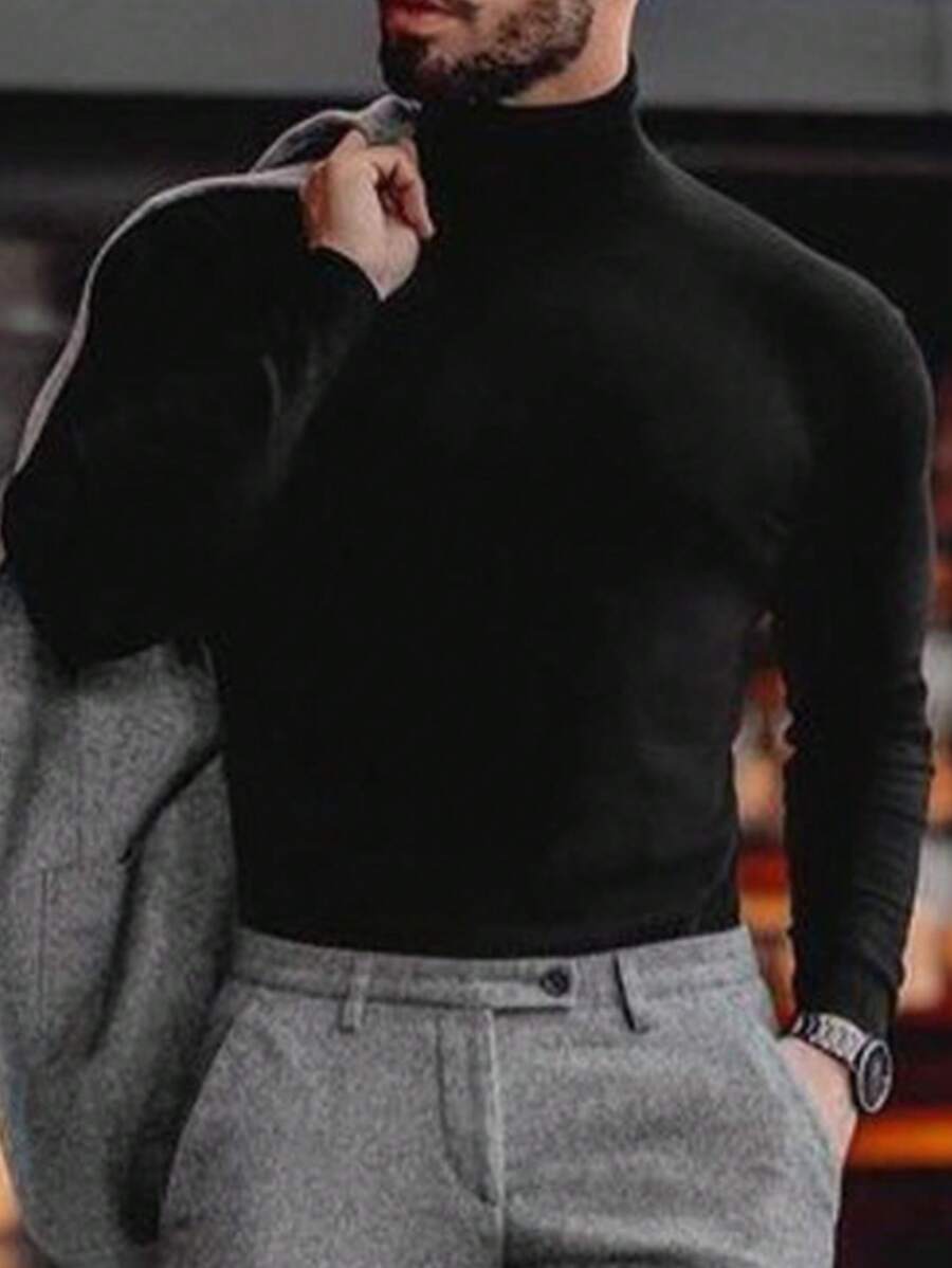 男士立领长袖修身T恤，秋季 - 黑色 - 查看 1