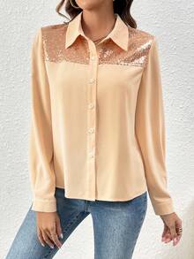 SHEIN Clasi 撞色亮片面板襯衫 - 香檳色 - 查看 5