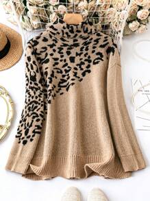 SHEIN LUNE Women's Plus Size High Neck Leopard Print Splice Drop Shoulder Sweater Knit Pullover Fall Winter Outfit - Multicolor - View 1