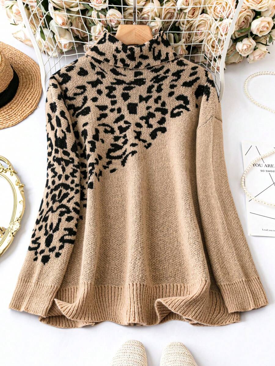 SHEIN LUNE Women's Plus Size High Neck Leopard Print Splice Drop Shoulder Sweater Knit Pullover Fall Winter Outfit - Multicolor - View 1
