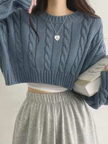 DAZY 女士蓝色圆领短款针织毛衣，七分袖上衣，秋季服装短款女上衣 - 霧霾藍 - 查看 4