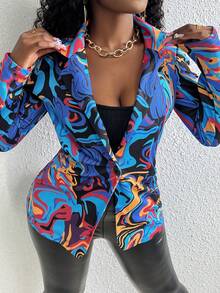 Slaydiva 女式印花流麵西裝外套,單排釦設計 - 彩色 - 查看 4