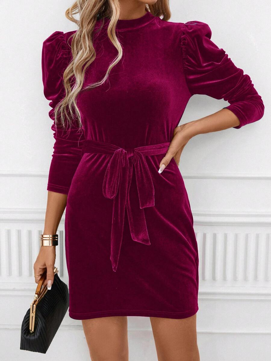 SHEIN Clasi 羊腿袖腰帶半高領天鵝絨連身裙 - 中紫紅色 - 查看 1