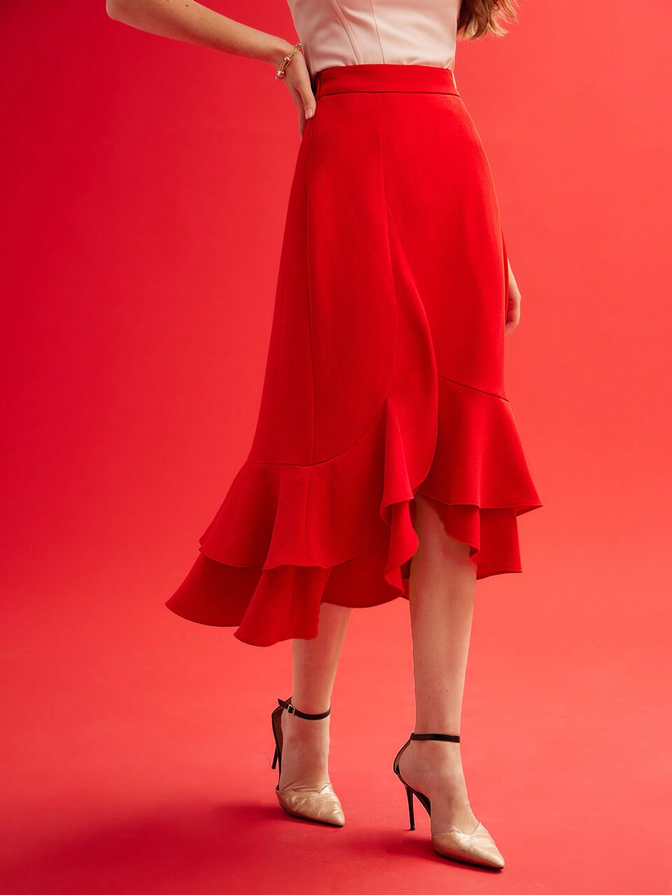 MOTF WOMEN'S WOVEN LAYERED RUFFLE HEM SKIRT,VALENTINE'S DAY