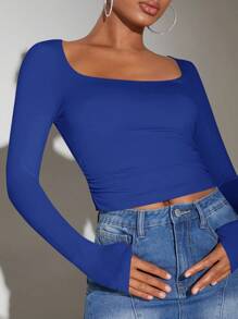 SHEIN BAE Camiseta De Manga Larga Con Cuello Cuadrado Para Mujer - azul real - Ver 5