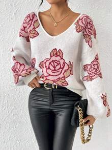 SHEIN Frenchy Floral Pattern V-neck Sweater Pullover - Pink - View 4