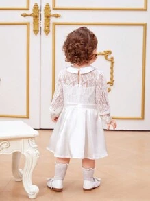 SHEIN Baby Girls' Elegant Lace Spliced Satin Long Sleeve Peter Pan Collar Dress Party Outfit - White - View 2