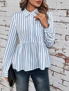 SHEIN LUNE Half Placket Striped Shirt - Blue and White - View 4