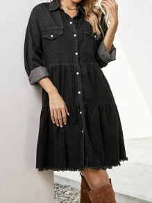 Vestidos De Mezclilla Cortos Con Botones, Manga Corta Con Volantes Y Bolsillos De Mujer - Negro - Ver 1