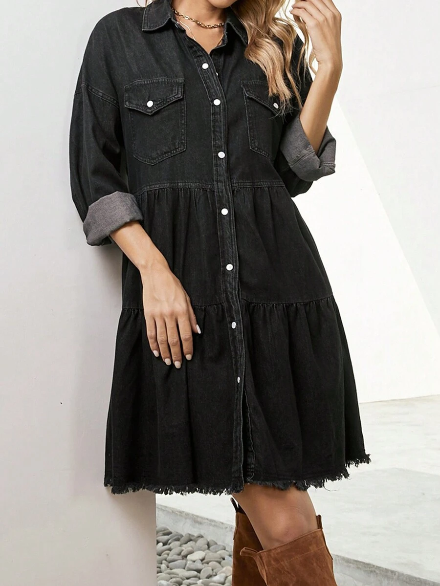 Vestidos De Mezclilla Cortos Con Botones, Manga Corta Con Volantes Y Bolsillos De Mujer - Negro - Ver 1