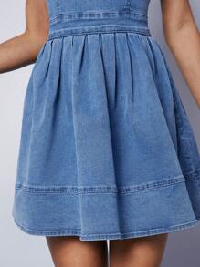 Denimoi Square Neck Pleated Denim Dress - Medium Wash - View 4