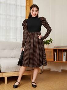 SHEIN Thiếu niên Cô gái Dệt kim Vá lại Đồ họa Houndstooth Đứng cổ áo Chân Của Tay áo Đầm giản dị - màu nâu - Xem 5