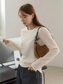 DAZY 女款純色修身圓領羅紋羈絆 T 卹 - 米色 - 查看 11