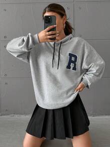 EURMUSE Letter Patched Drop Shoulder Drawstring Hoodie - Grey - View 6