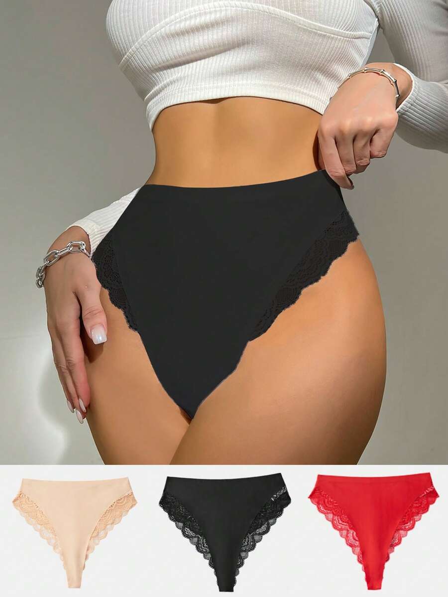 3pcs Solid Color Lace Splicing Triangle Panties Lingerie