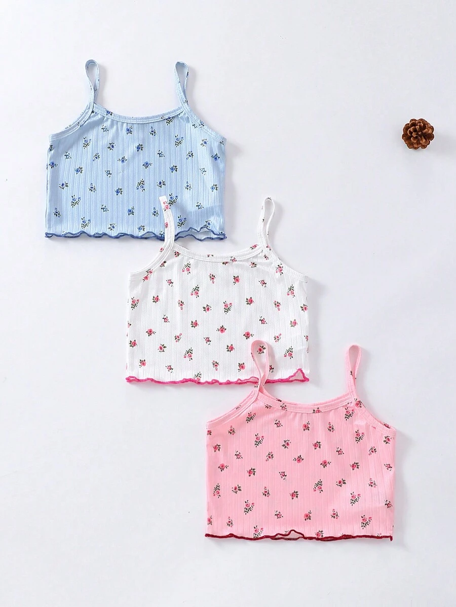 Toddler Girls' 3pcs Flower Printed Lettuce Hem Cami Top