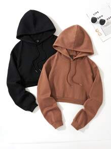 SHEIN EZwear 2 Miếng Chất rắn Dây rút Áo hoodie ngắn - Nhiều màu - Xem 1