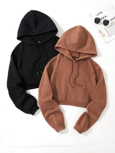 SHEIN EZwear 2 Miếng Chất rắn Dây rút Áo hoodie ngắn