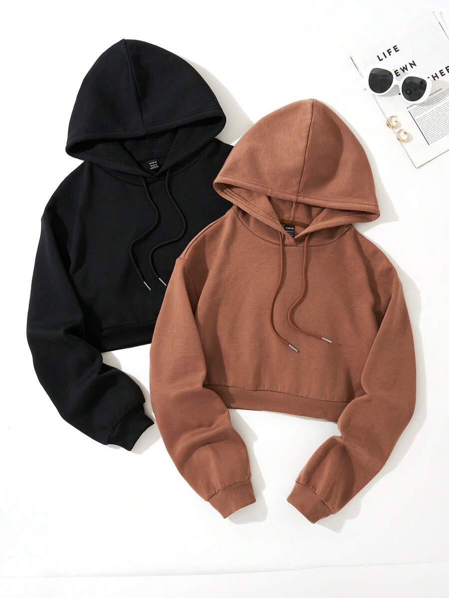 SHEIN EZwear 2 Miếng Chất rắn Dây rút Áo hoodie ngắn - Nhiều màu - Xem 1