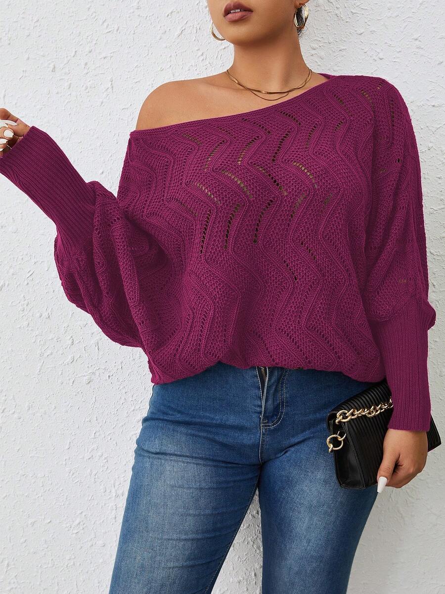 Calvaya Áo len hở vai tay cánh dơi cổ bất đối xứng cỡ lớn cho nữ - Màu Hồng Tươi - Xem 1