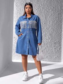 SHEIN ICON 大尺碼女性牛仔襯衫領連身裙,帶流蘇裝飾 - 中等水洗藍 - 查看 3