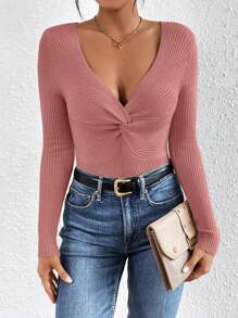 SHEIN Frenchy Của phụ nữ Thon gọn Xoắn Cable Sọc Áo len - Màu Hồng  San hô - Xem 1