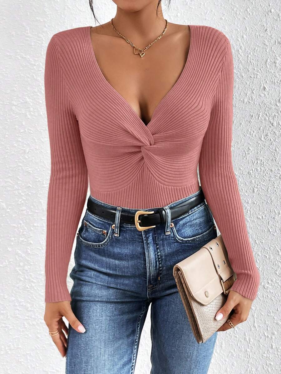 SHEIN Frenchy Của phụ nữ Thon gọn Xoắn Cable Sọc Áo len - Màu Hồng  San hô - Xem 1