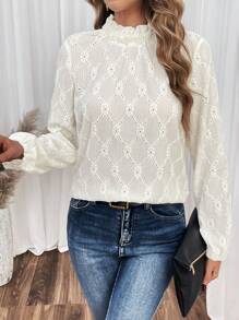SHEIN Frenchy Women's Lantern Sleeve Shirt With Hollow Out Embroidery, Back Button Detail - Apricot - View 2
