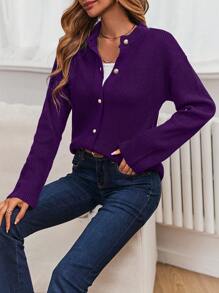 SHEIN Essnce 女士單排釦落肩開衩前短後長針織外套 - 紫色 - 查看 1