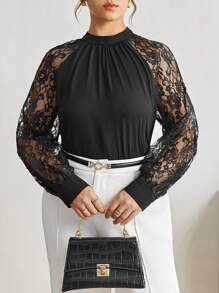 BizChic Hơn Ren tương phản Tay Raglan Cổ giả Áo sơ mi - màu đen - Xem 4